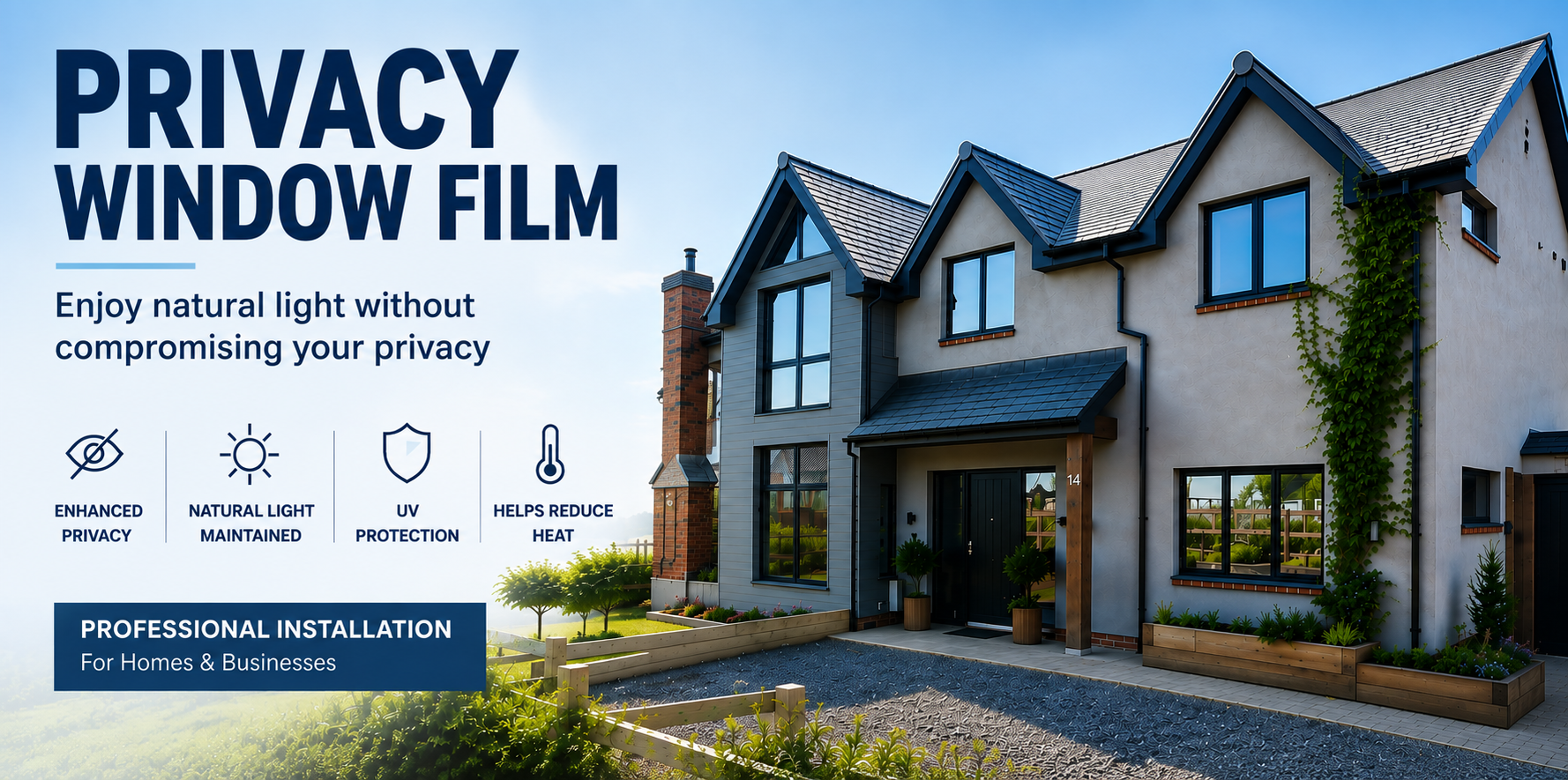Modern home with professionally installed privacy window film allowing natural light while improving privacy.
