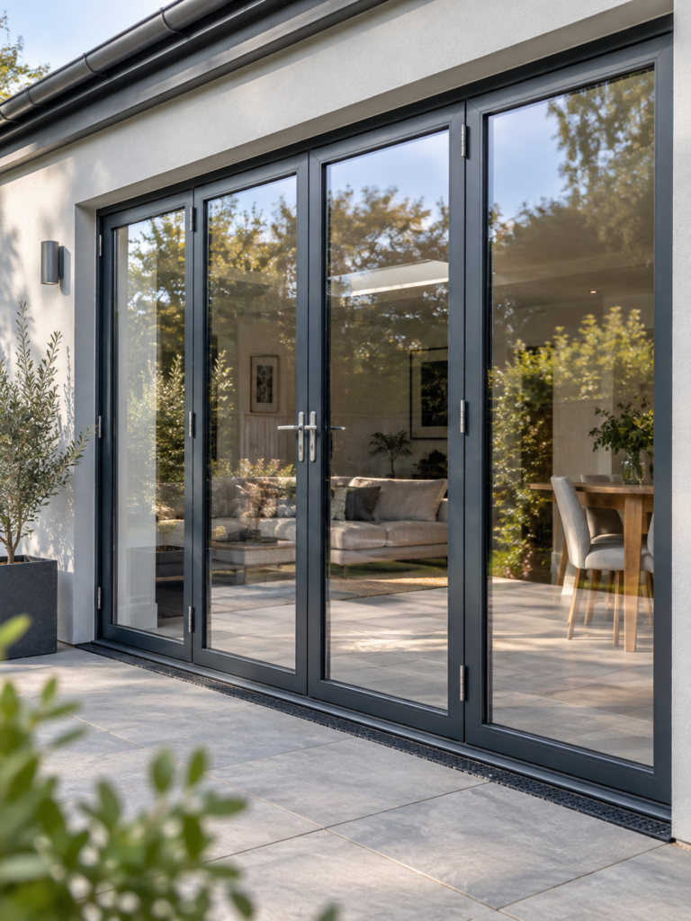 Exterior view of bi-fold doors showing reflective solar control glazing while maintaining natural light inside the home.
