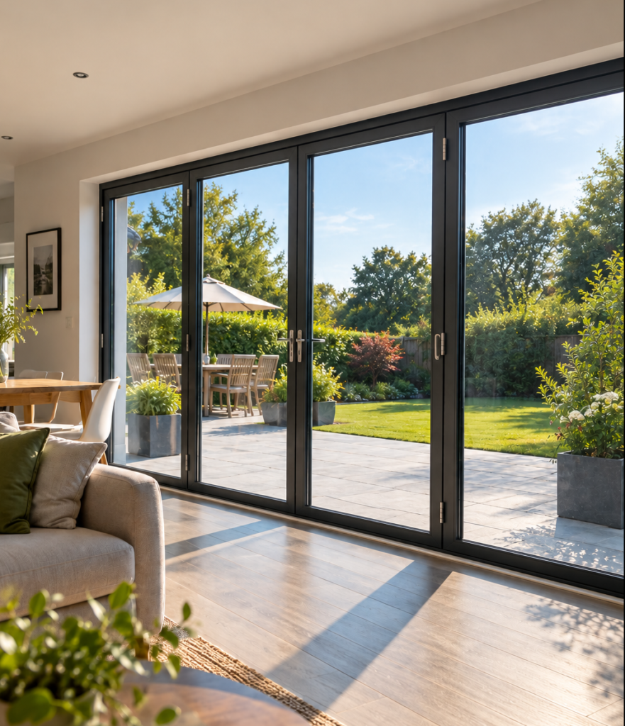 Sunlight entering a room through large bi-fold doors, illustrating how extensive glazing can contribute to heat and glare.