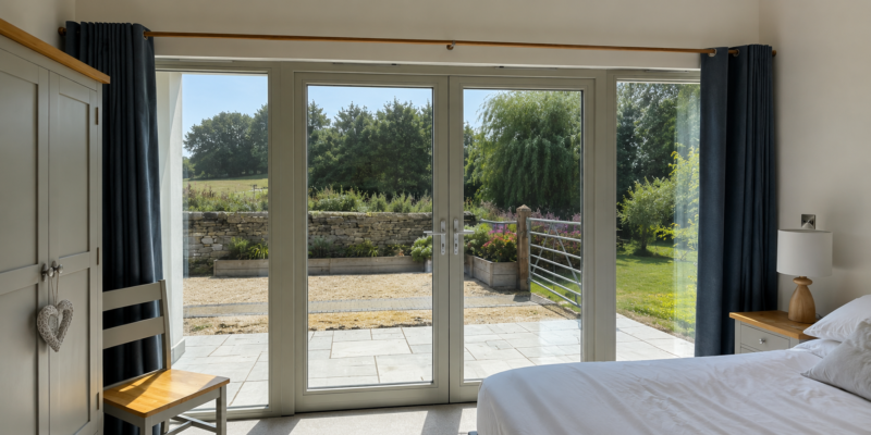 Bright bedroom with large glazed doors demonstrating how solar window film can reduce heat and glare while maintaining natural light and outside views.